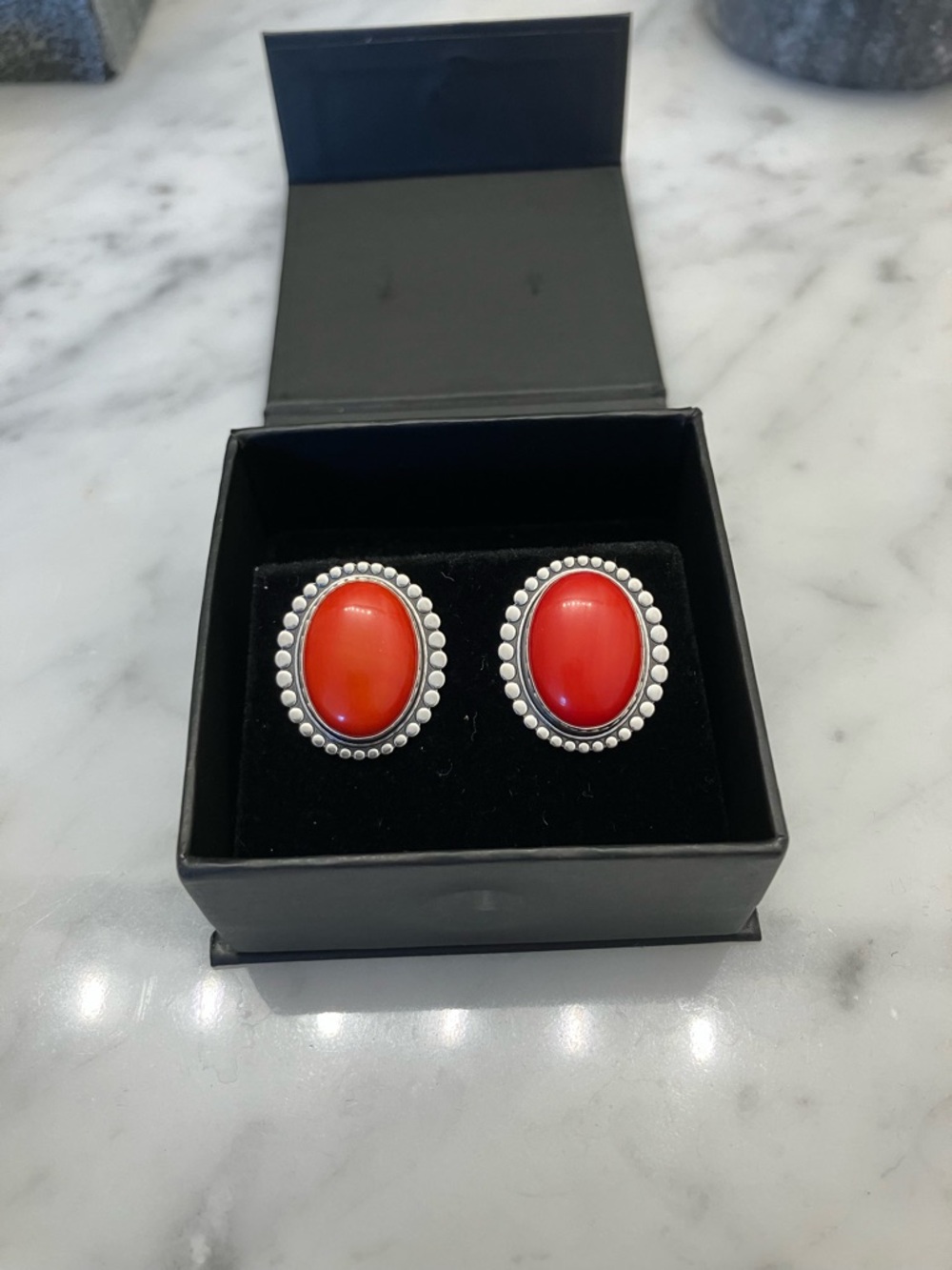 Oxblood Red Coral Classic Oval Red Cabochon Silver-Frame Stud Earrings